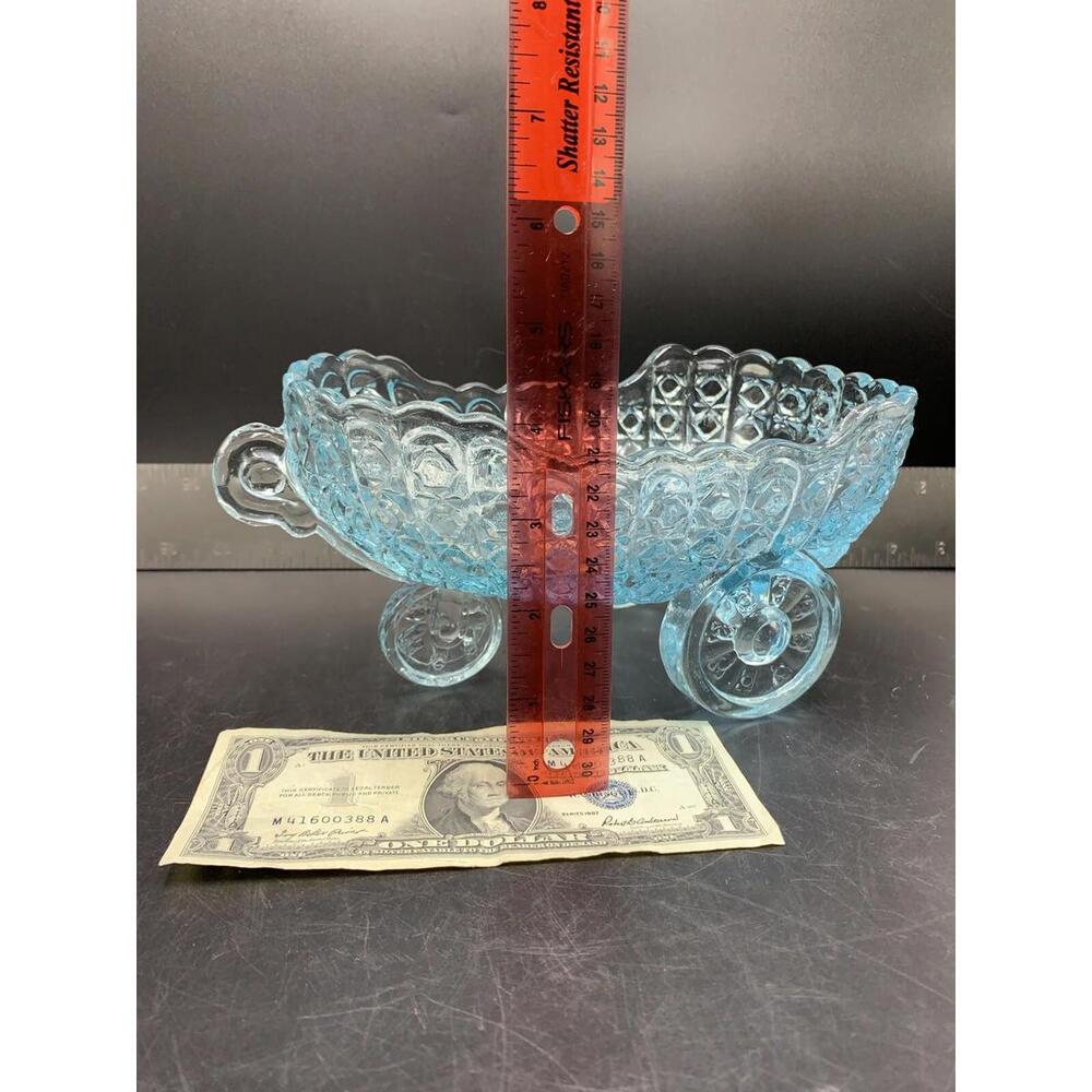 Vintage McKee Glass Daisy Button Aqua Blue Baby Carriage Coach Bowl Candy Dish - Picture 8 of 10